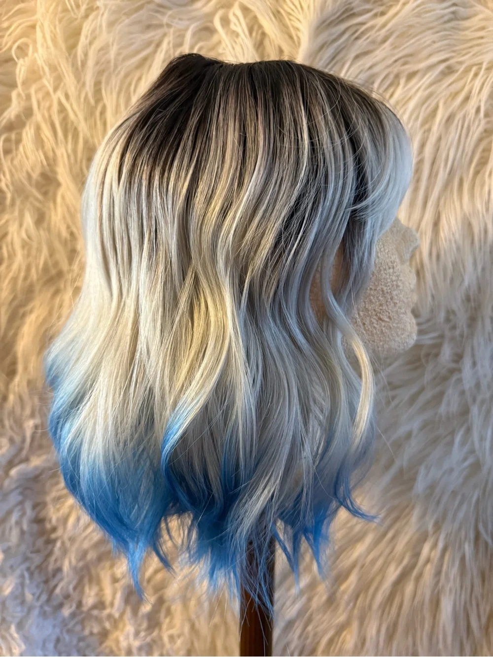 Ombre Blue to Silver Short Wavy Women's Wig with Bangs
